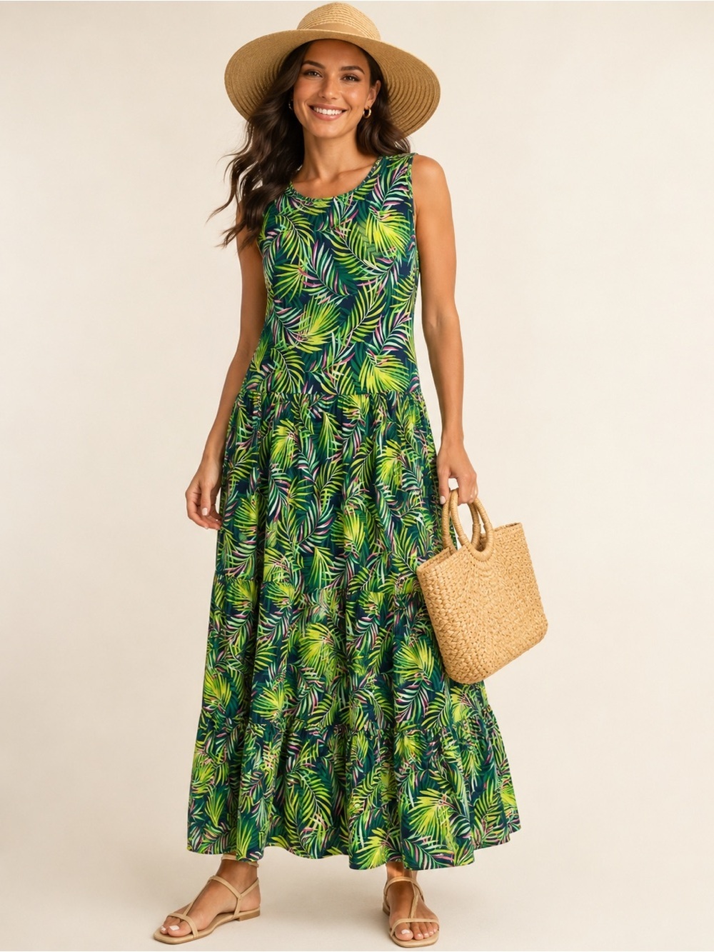Lands’ End Tropical Palm Print Maxi Women’s Small Sleeveless Tiered Resort Dress